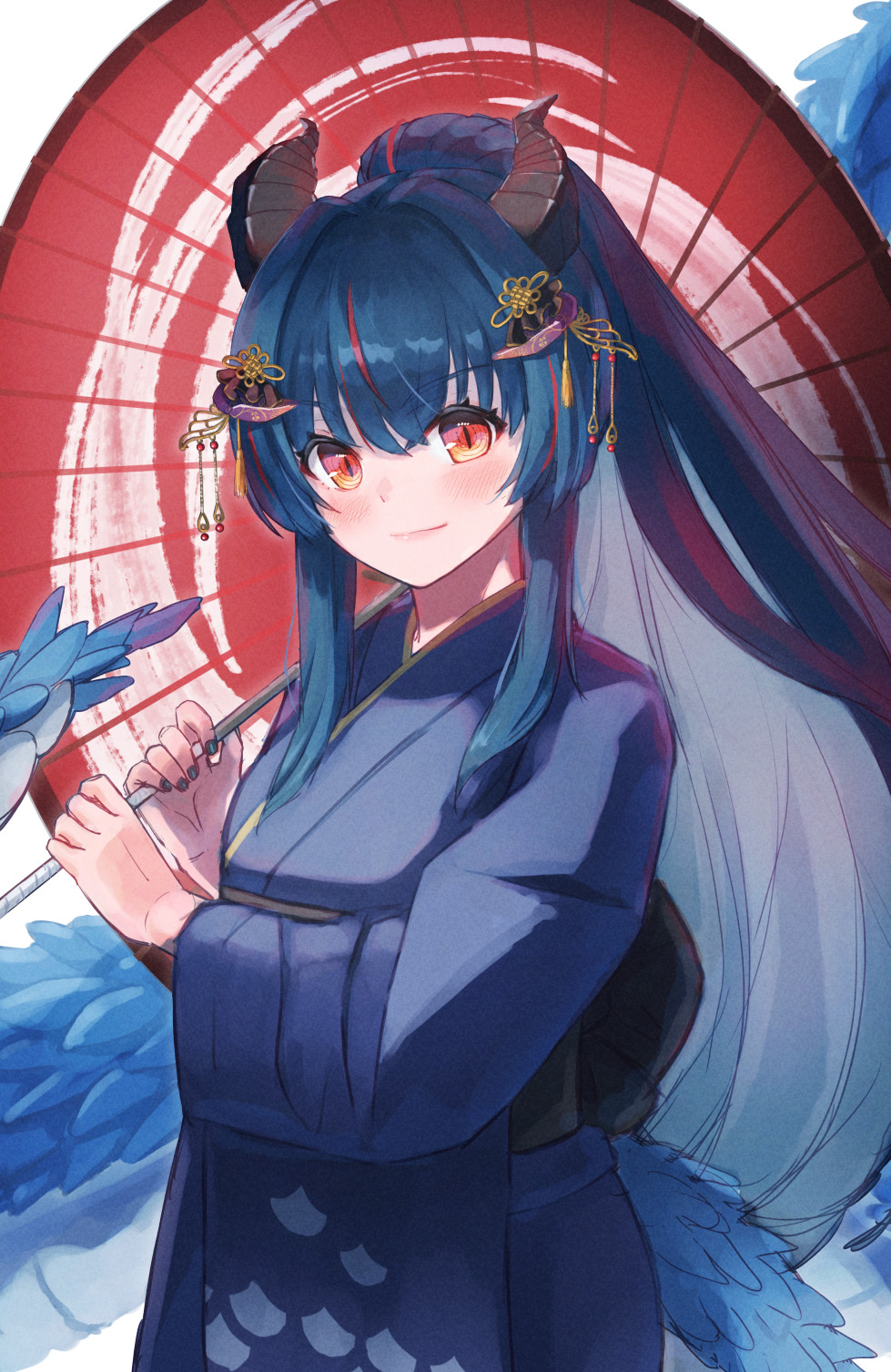 1girl, blue_kimono, blue_nails, blush, brown_horns, character_request, colored_inner_hair, dragon_tail