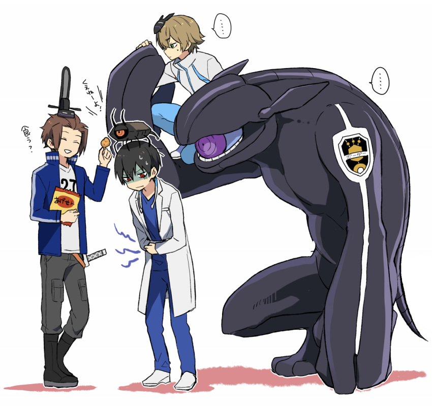 ..., 3boys, 7100potechi, ^_^, bangs, black_footwear, blue_jacket, blue_pants, boots, brown_hair, carrying_over_shoulder, closed_eyes, ema_yuzuru, emblem, enedra_(rad), feeding, gloom_(expression), grey_pants, jacket, jin_yuuichi, knee_boots, labcoat, long_sleeves, looking_down, male_focus, miwa_shuuji, monster, multiple_boys, one_knee, pants, pants_tucked_in, red_eyes, replica, shoes, short_hair, simple_background, smile, spoken_ellipsis, standing, stethoscope, stomach_ache, stomachache, sweatdrop, sword, torion_hei, weapon, white_background, white_footwear, world_trigger