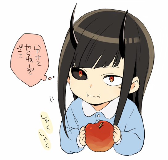1boy, 7100potechi, :i, bangs, black_hair, black_sclera, blue_shirt, chewing