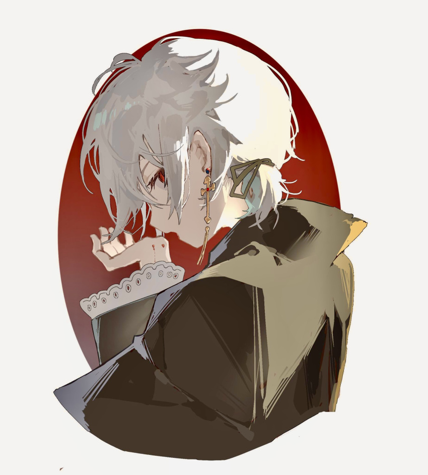 1boy, alternate_costume, bangs, bite_mark, black_cape, blood, blood_on_hands, cape
