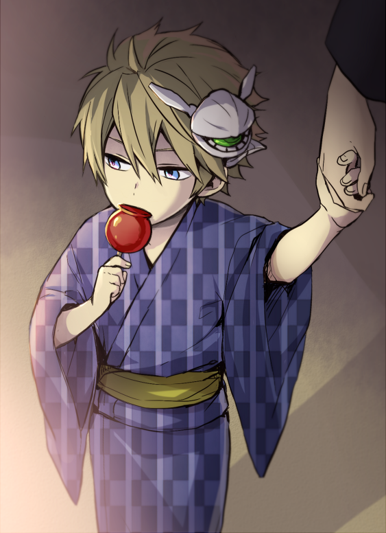 1boy, 7100potechi, bangs, blue_eyes, blue_kimono, brown_hair, candy_apple, character_hair_ornament