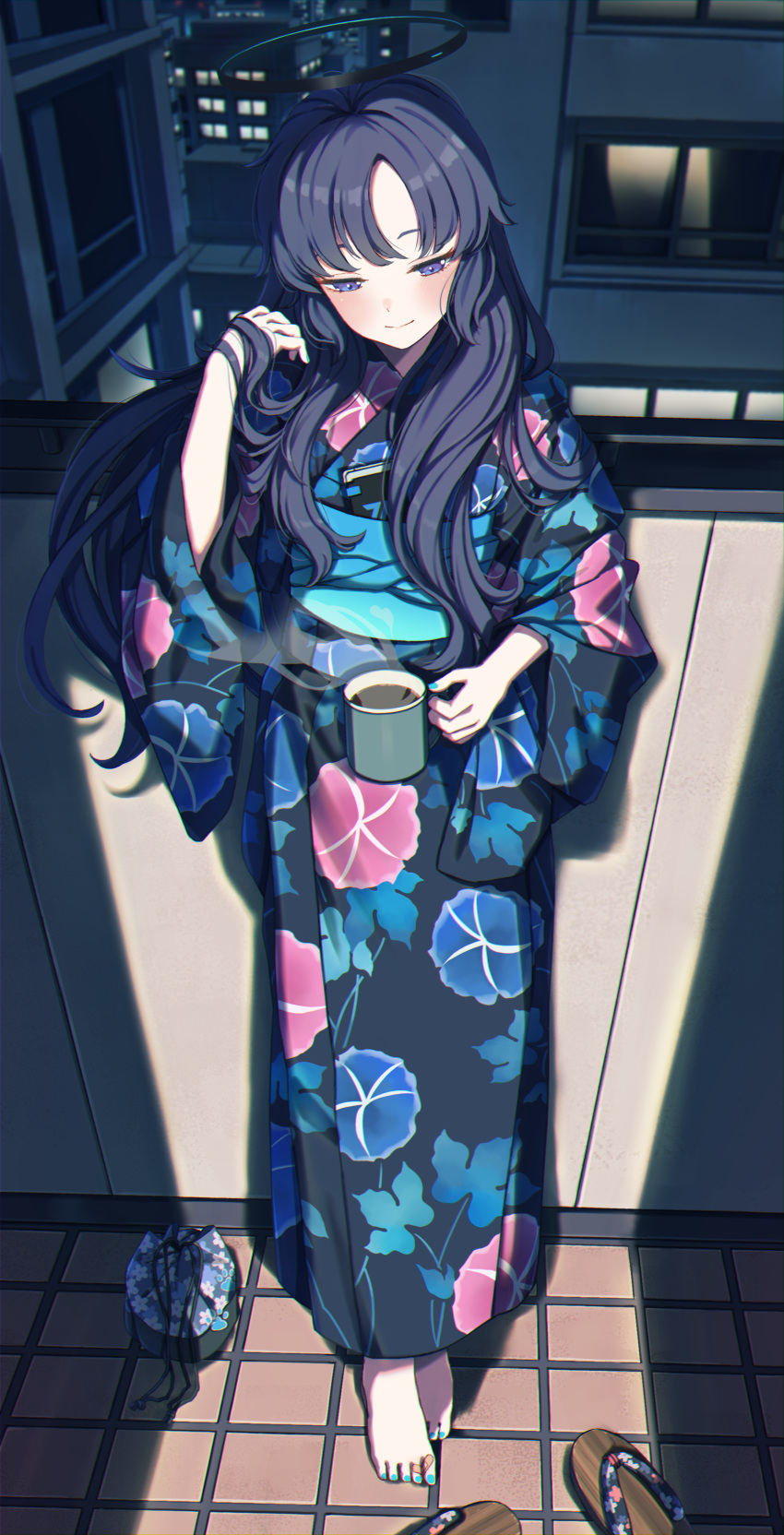 1girl, absurdres, bandaid, bandaid_on_foot, bangs, barefoot, blue_archive, building, closed_mouth, coffee_mug, cup, drawstring_bag, half-closed_eyes, halo, hand_in_own_hair, hand_up, highres, holding, holding_cup, japanese_clothes, kimono, kinchaku, leaning_on_rail, mochi_(m0chi0000), morning_glory_print, mug, nail_polish, obi, parted_bangs, phone, pouch, purple_hair, sandal_removed, sandals, sandals_removed, sash, smile, solo, standing, steam, toenail_polish, toenails, toes, tsurime, violet_eyes, wide_sleeves, yukata, yuuka_(blue_archive), zouri