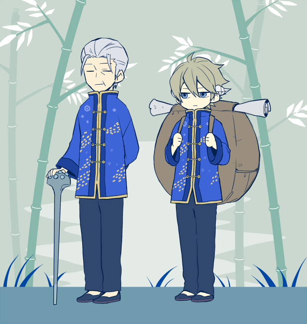 2boys, 7100potechi, backpack, bag, bamboo, bamboo_forest, bangs, black_footwear