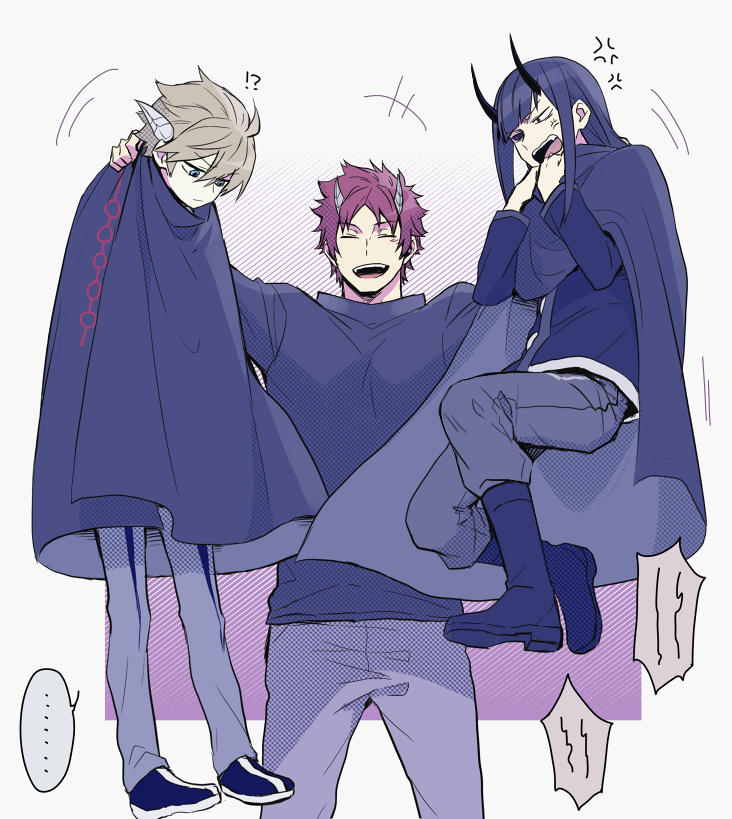 !?, ..., 3boys, 7100potechi, anger_vein, angry, bangs, black_cloak