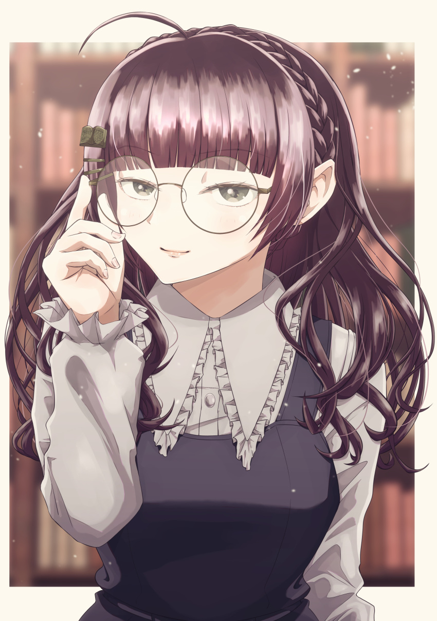 1girl, absurdres, adjusting_eyewear, ahoge, bangs, blunt_bangs, blurry, blurry_background