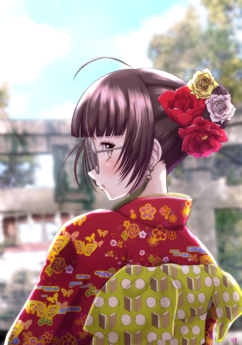1girl, absurdres, ahoge, animal_print, bangs, blunt_bangs, blurry, blurry_background