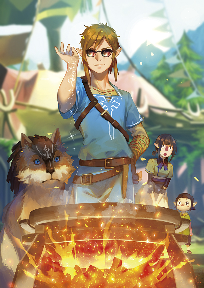 1boy, 2girls, animal, blonde_hair, blue_tunic, character_request, cooking, fire