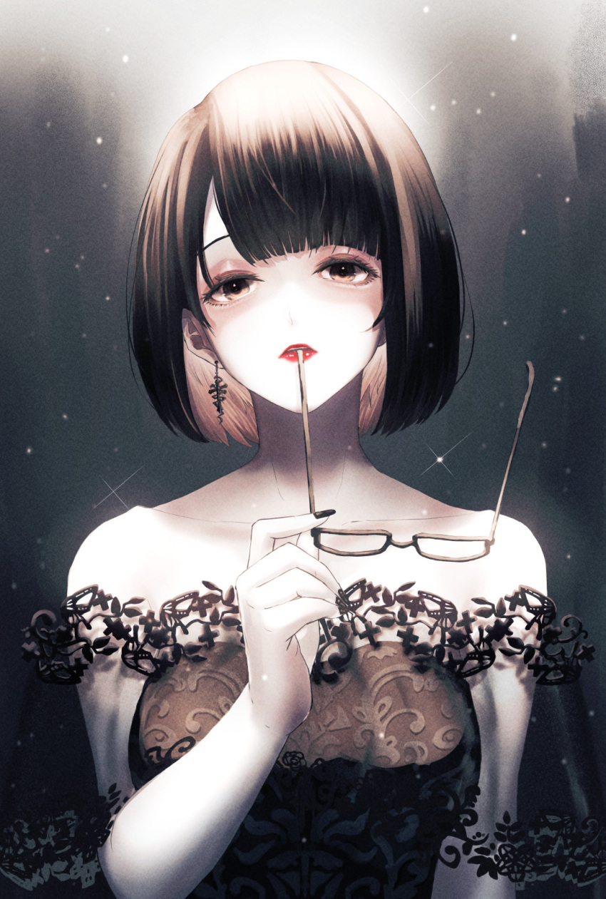 1girl, bare_shoulders, black_dress, black_hair, bob_cut, breasts, dress, earrings