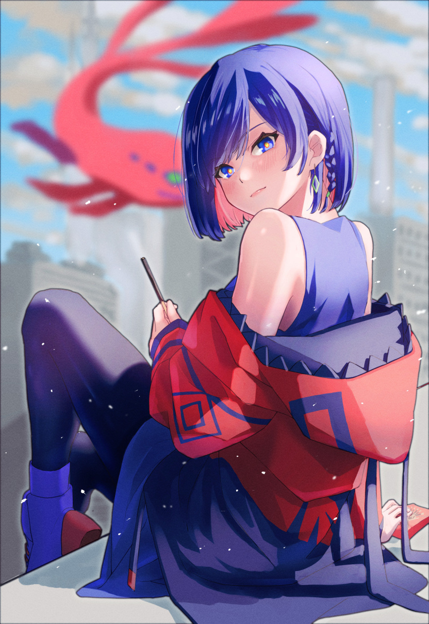 1girl, black_pants, blue_eyes, blue_footwear, blue_hair, blue_headwear, blue_sky, blurry