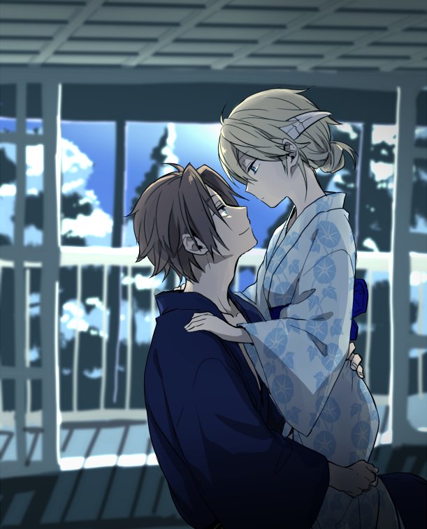 1boy, 1girl, 7100potechi, bangs, blue_kimono, blurry, brown_hair, depth_of_field