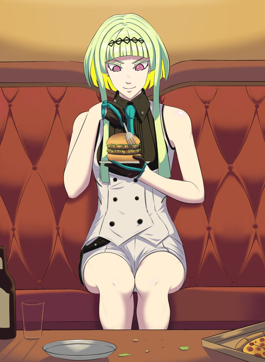 1girl, bangs, black_gloves, black_shirt, bottle, burger, buttons, couch