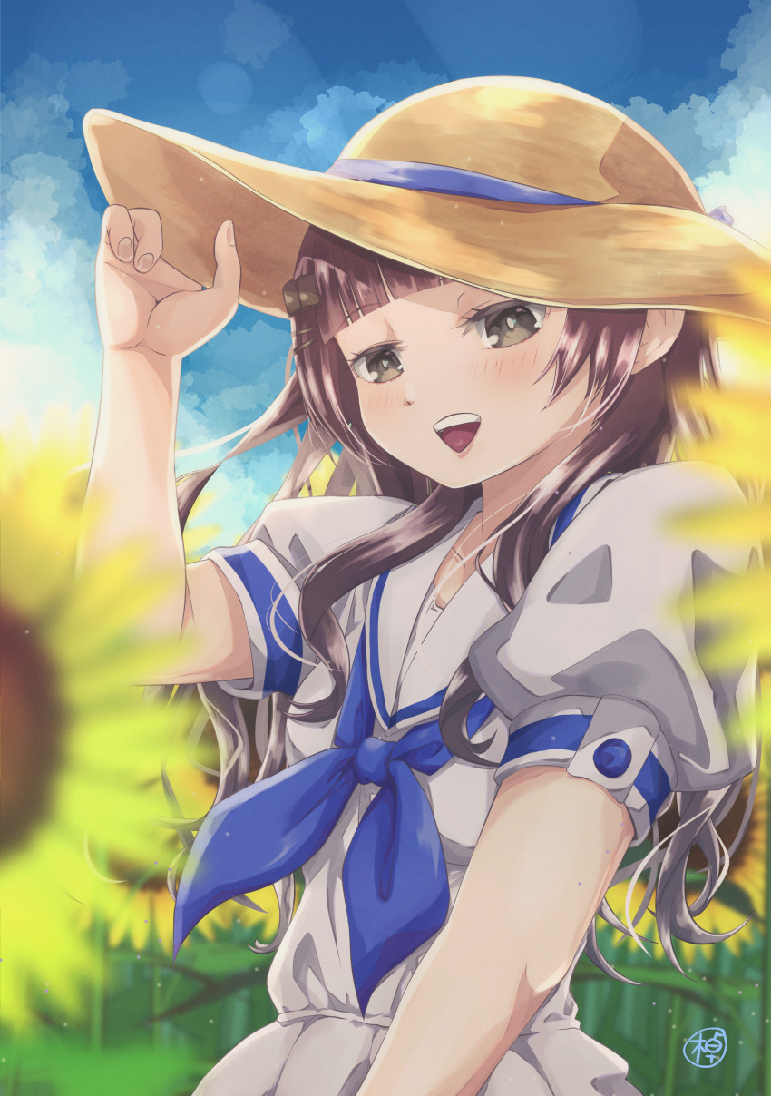 1girl, :d, absurdres, bangs, blue_neckerchief, blunt_bangs, brown_eyes, day