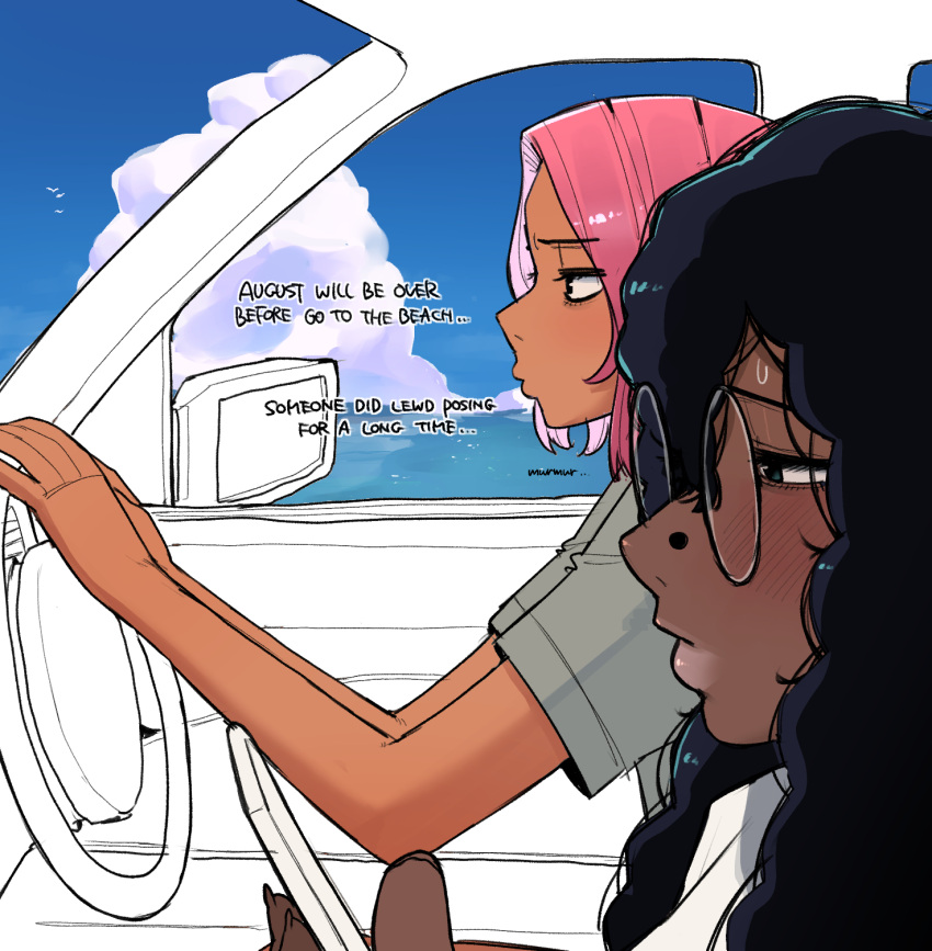 black_hair, blue_eyes, broccoli_(ohasi), car, car_interior, cellphone, clouds, dark-skinned_female