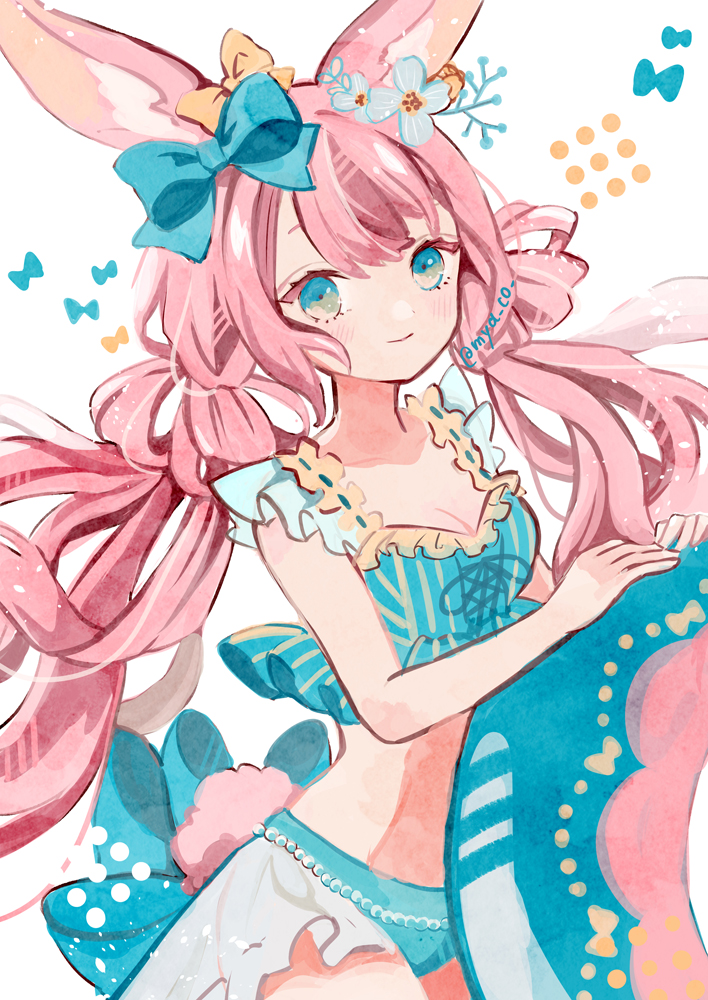 1girl, animal_ears, bikini, blue_bikini, blue_bow, blue_eyes, bow, flower
