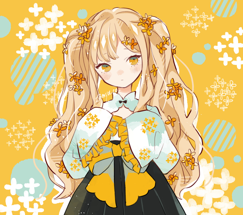 1girl, bangs, blonde_hair, blush, flower, frilled_sleeves, frills, hair_flower