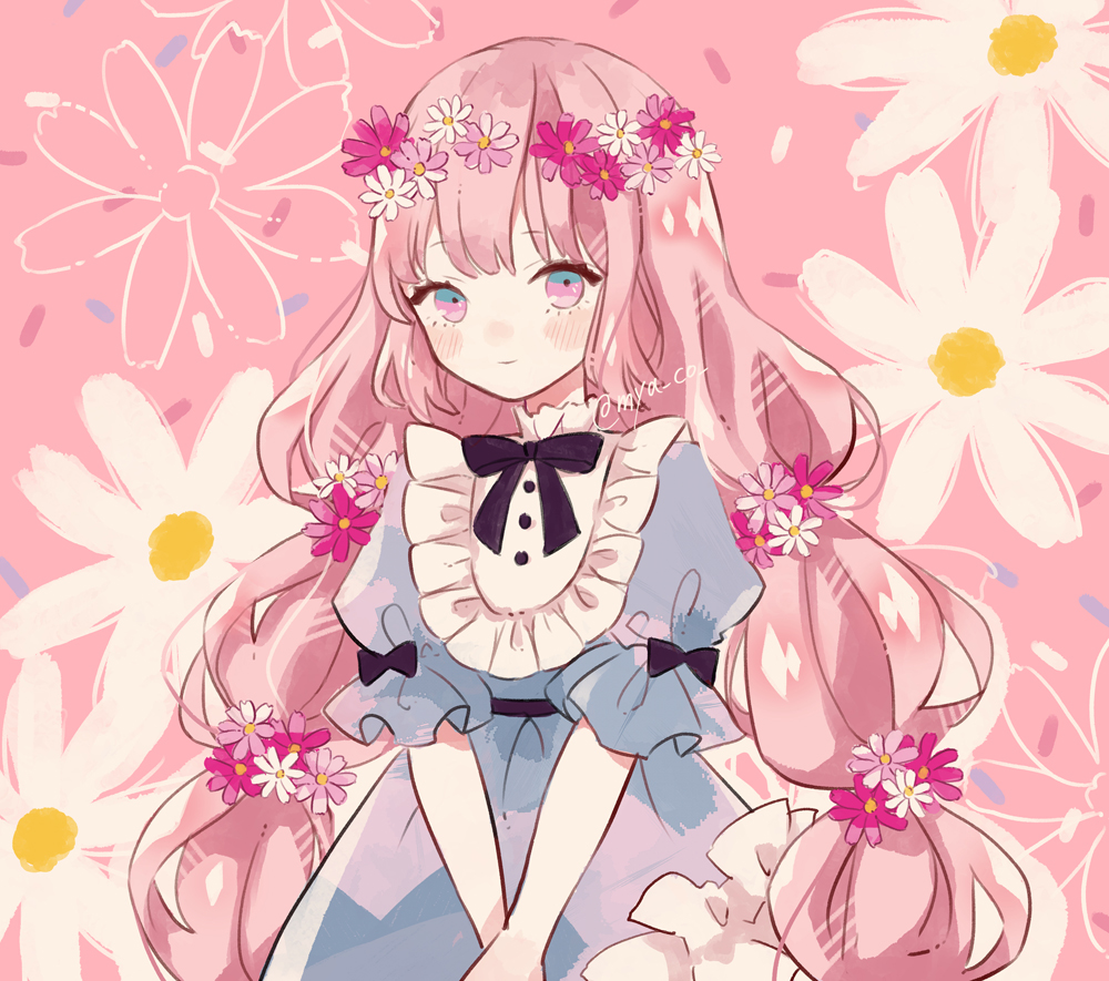 1girl, bangs, blue_dress, blue_eyes, blush, cosmos_(flower), dress, flower