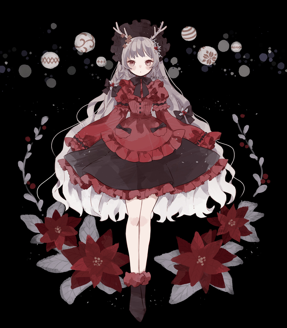 1girl, antlers, black_footwear, bonnet, brown_eyes, christmas, commentary, dress