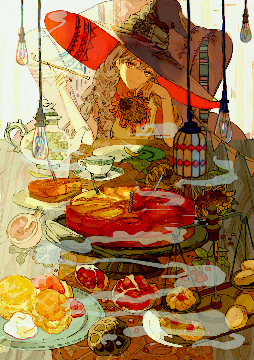1girl, absurdres, balance_scale, bangs, banner, biscuit_(bread), black_nails, braid