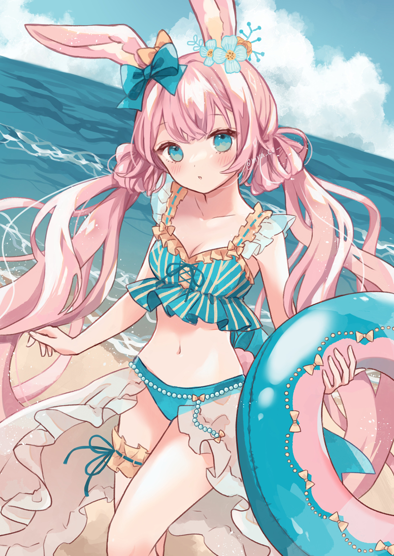 1girl, animal_ears, bangs, beach, bikini, blue_bikini, blue_bow, blue_eyes