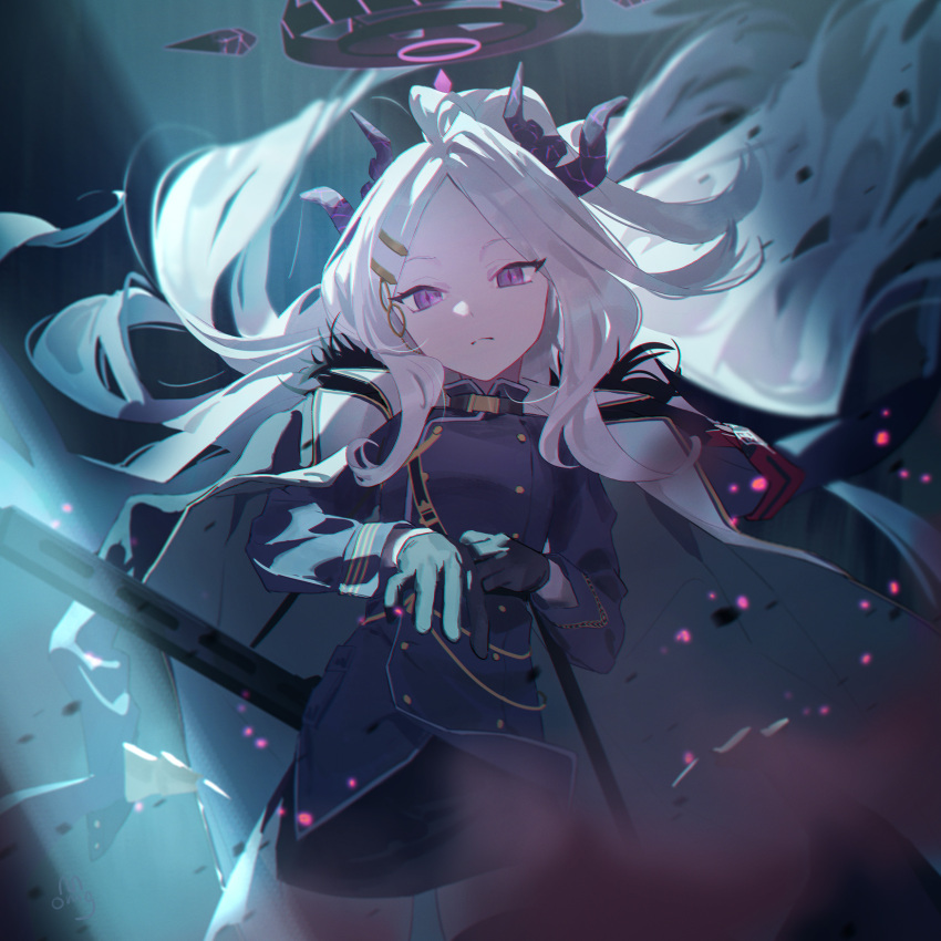 absurdres, ahoge, aiguillette, armband, bangs, black_gloves, black_skirt, blue_archive