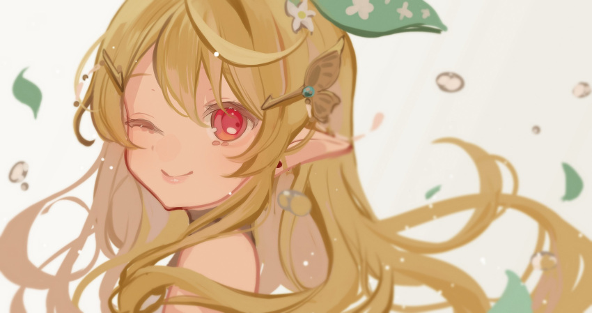 1girl, blonde_hair, butterfly_hair_ornament, floating_hair, flower, from_side, green_ribbon, hair_behind_ear