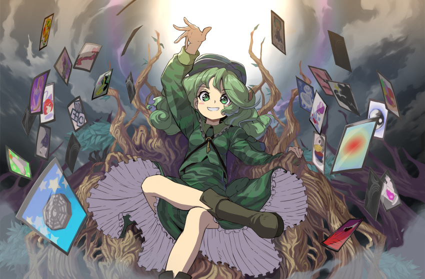 100th_black_market, 1girl, ability_card_(touhou), backpack, bag, blue_headwear, boots, brown_footwear