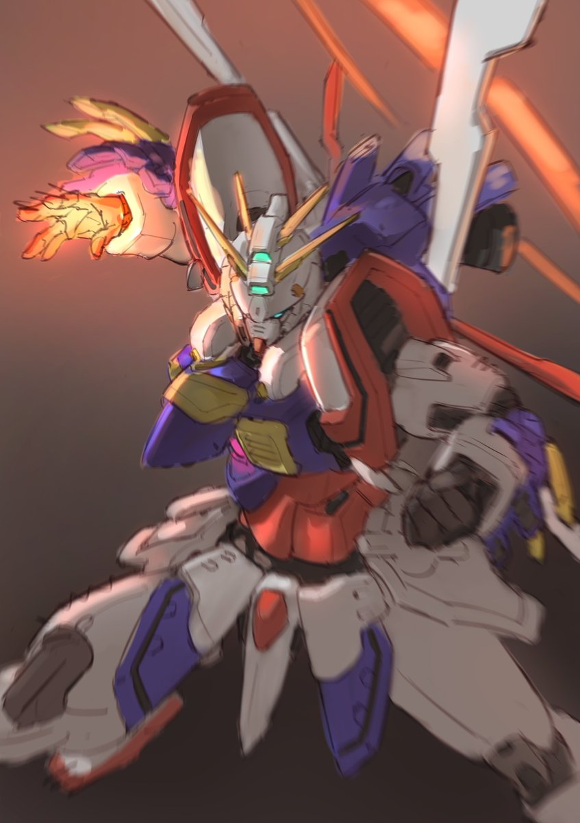 bakunetsu_god_finger, blue_eyes, clenched_hand, g_gundam, god_gundam, grey_background, gundam, highres