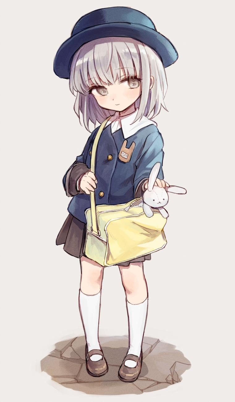 1girl, bag, bangs, black_skirt, blue_headwear, blue_shirt, brown_eyes, brown_hair, collared_shirt, dress_shirt, full_body, hat, highres, juusan_kihei_bouei_ken, kindergarten_bag, kindergarten_uniform, long_hair, long_sleeves, looking_at_viewer, morimura_chihiro, pleated_skirt, school_hat, shirt, skirt, sleeves_past_wrists, solo_focus, soto, stuffed_animal, stuffed_bunny, stuffed_toy, white_shirt, wide_sleeves
