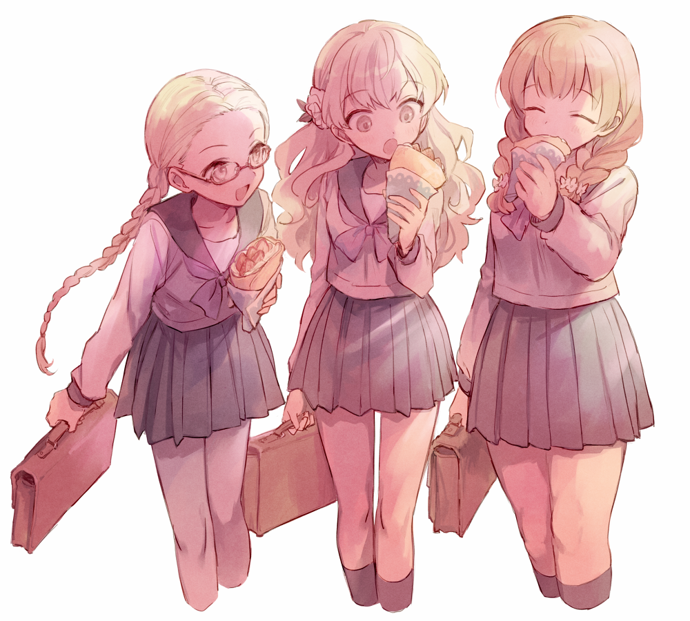 3girls, bangs, black_skirt, blush, braid, eating, flower, food, fuyusaka_iori, glasses, grey_hair, hair_flower, hair_ornament, juusan_kihei_bouei_ken, kisaragi_tomi, long_hair, multiple_girls, neckerchief, pleated_skirt, plump, sailor_collar, sawatari_miwako, school_uniform, serafuku, shirt, simple_background, skirt, soto, white_background, white_flower