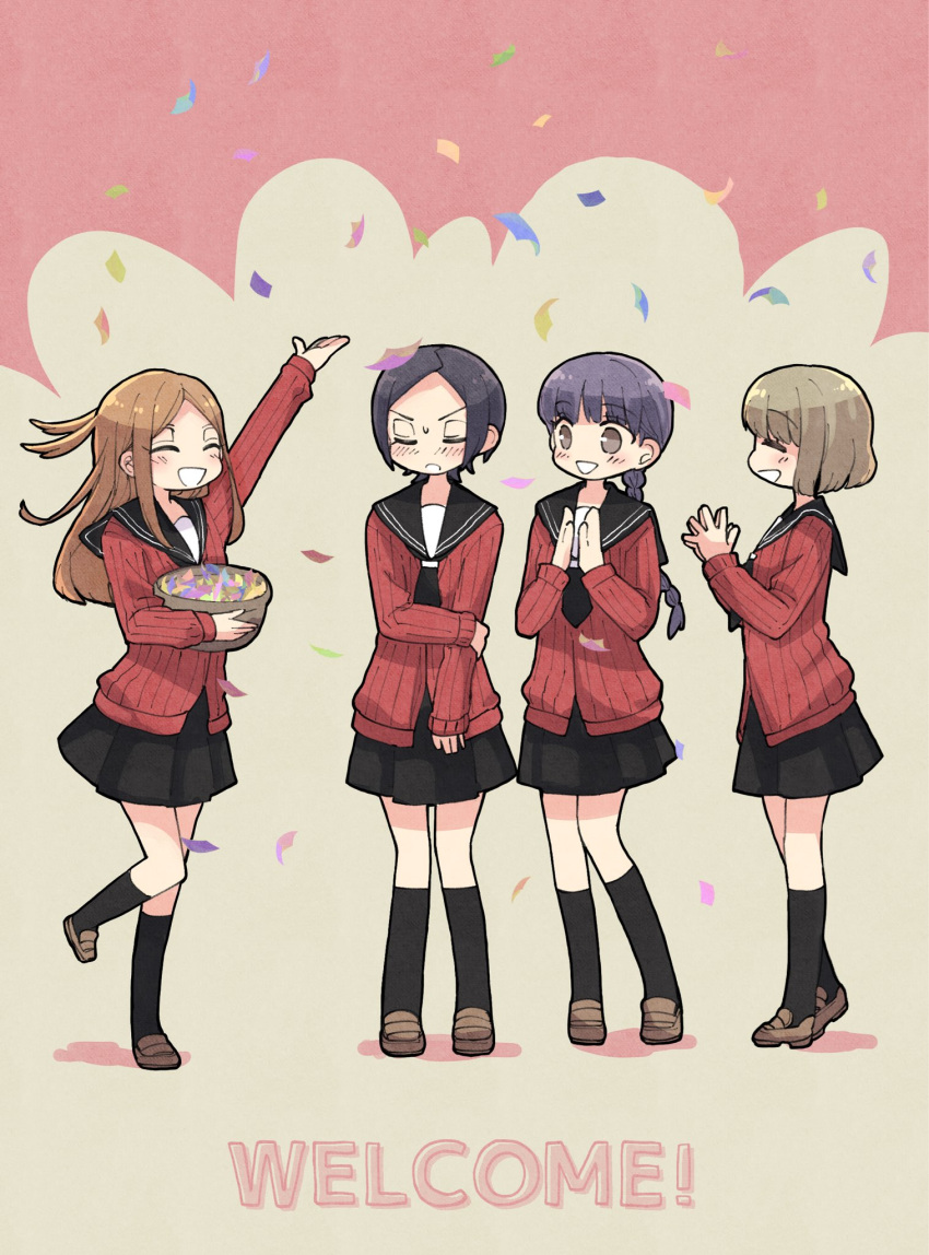 4girls, arm_up, bangs, basket, black_hair, black_neckerchief, black_socks, blush