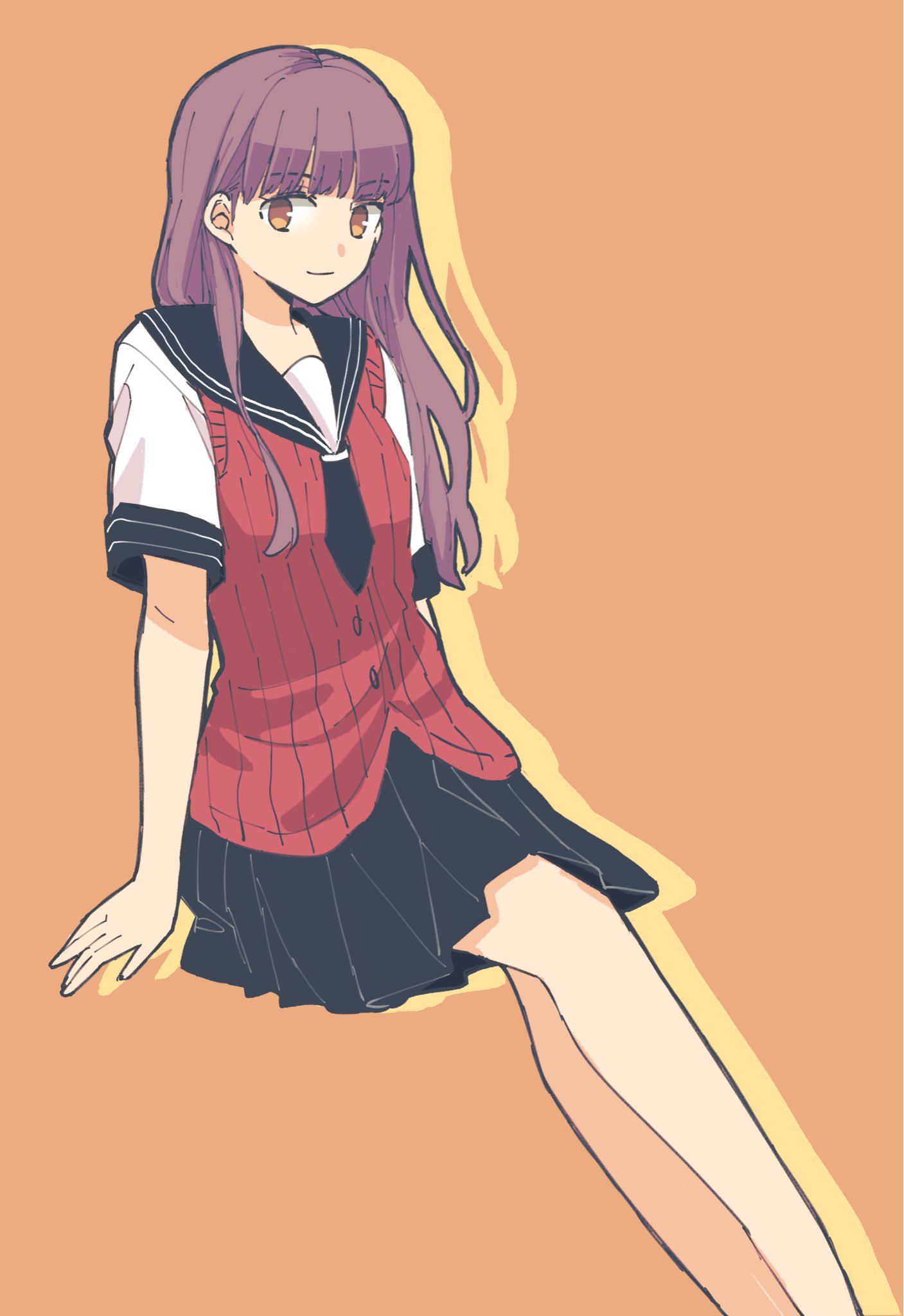 1girl, arms_at_sides, bangs, bare_arms, black_neckerchief, black_skirt, brown_background, brown_eyes