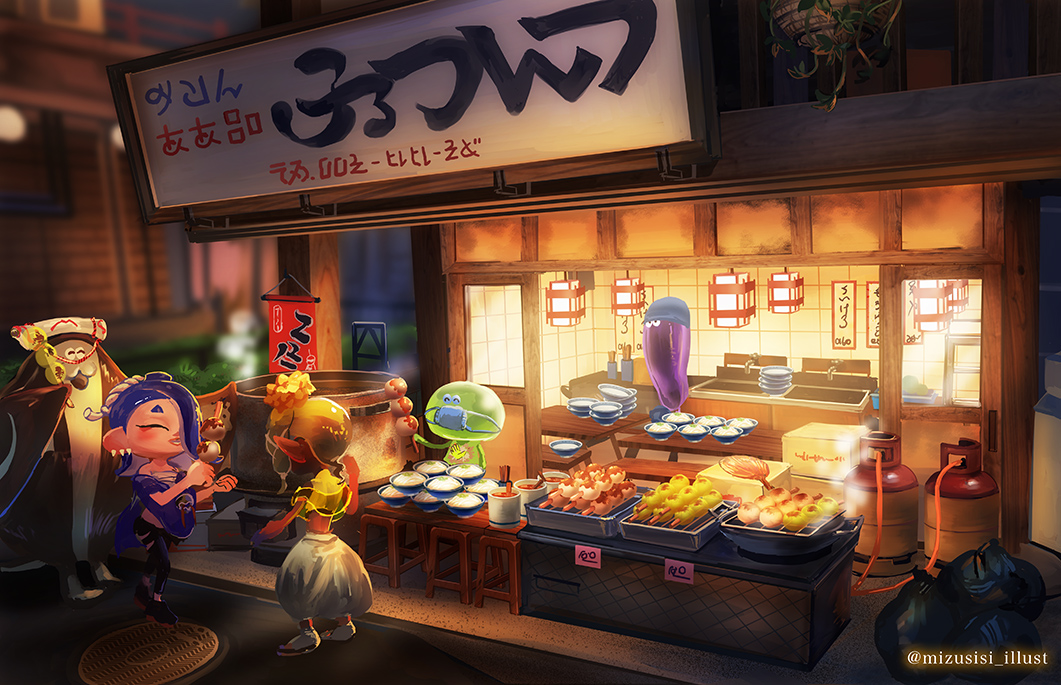 1boy, 2girls, ^_^, architecture, big_man_(splatoon), black_pants, black_socks, blonde_hair