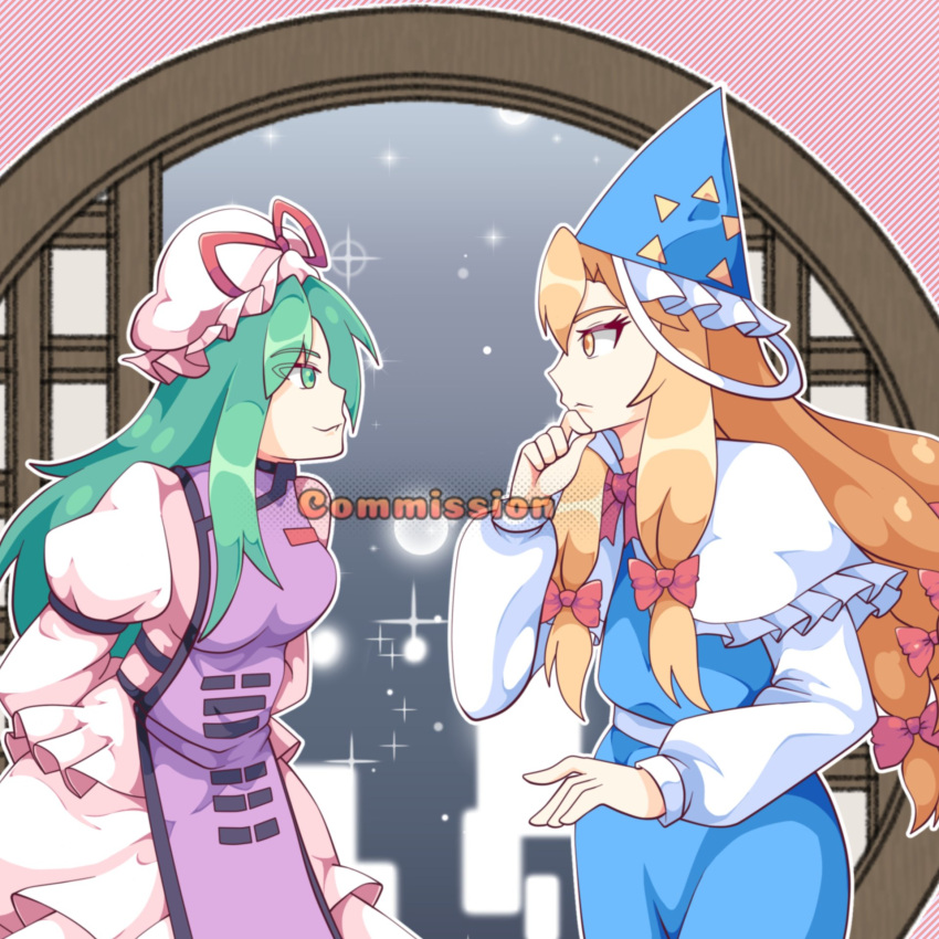 1girl, 2girls, arms_behind_back, blonde_hair, bow, capelet, commission, cosplay