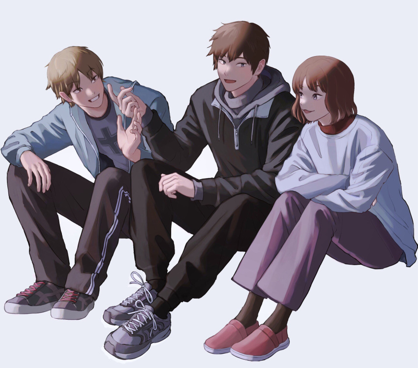 1girl, 2boys, :3, arafune_tetsuji, bangs, black_footwear, black_hoodie, black_pants