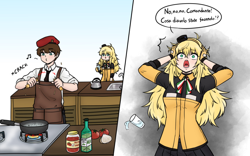 1boy, 1girl, aprf, bangs, beret, black_necktie, blonde_hair, brown_hair
