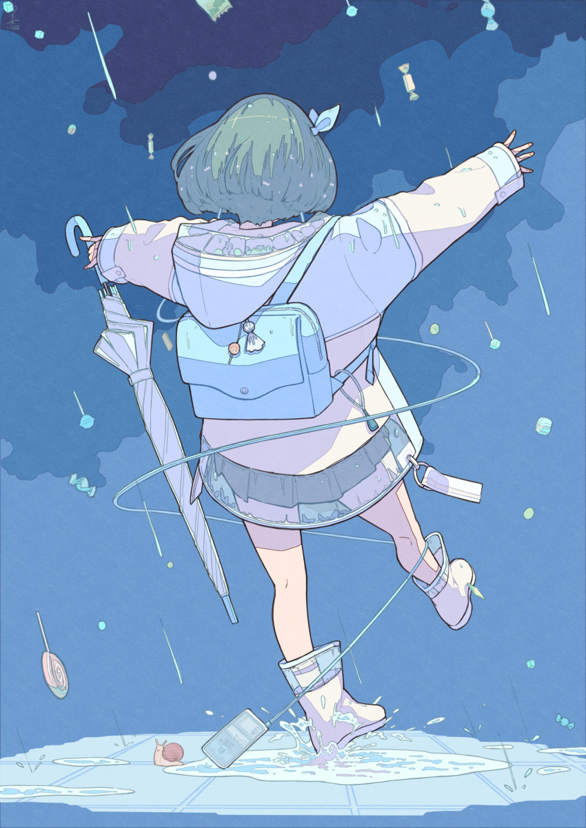 1girl, animal, aqua_hair, backpack, bag, bizarre_rain, blue_background, blue_bag, blue_ribbon, blue_theme, boots, cable, candy, candy_wrapper, cellphone, closed_umbrella, commentary_request, crescent, facing_away, food, from_behind, full_body, hair_ribbon, highres, holding, holding_umbrella, hood, hood_down, ligne_claire, lollipop, long_sleeves, norikoi, original, outstretched_arms, phone, puddle, pun, rain, raincoat, ribbon, rubber_boots, short_hair, sleeves_past_wrists, smartphone, snail, solo, splashing, spread_arms, star_(symbol), swirl_lollipop, teruterubouzu, umbrella