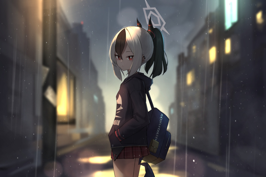 1girl, bangs, black_hair, black_hoodie, blue_archive, choker, demon_horns, demon_wings, ear_piercing, earclip, halo, highres, hood, hoodie, horns, kayoko_(blue_archive), low_wings, miniskirt, multicolored_hair, oeyama, piercing, plaid, plaid_skirt, pleated_skirt, ponytail, red_eyes, red_skirt, single_wing, skirt, two-tone_hair, white_hair, wings