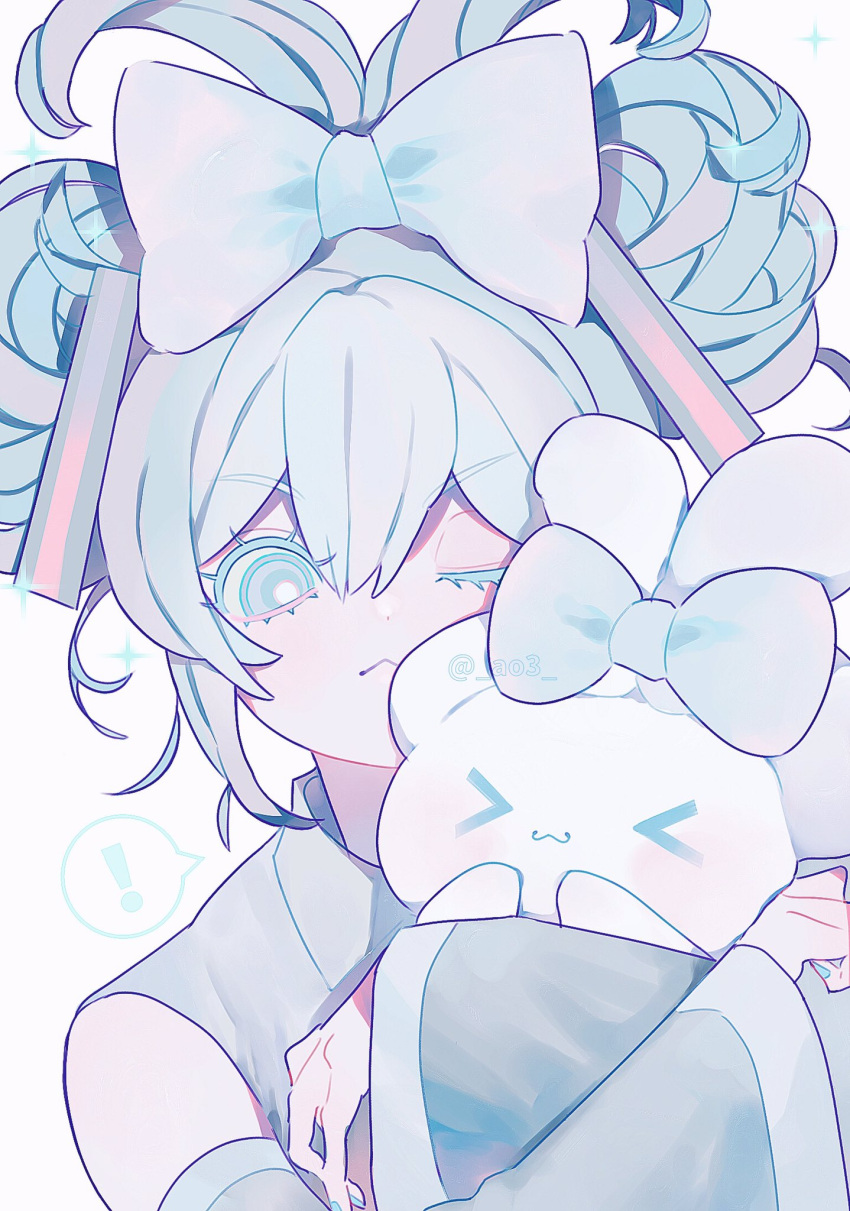 !, >_<, 1girl, :3, ;<, ao3, blue_bow, blue_eyes