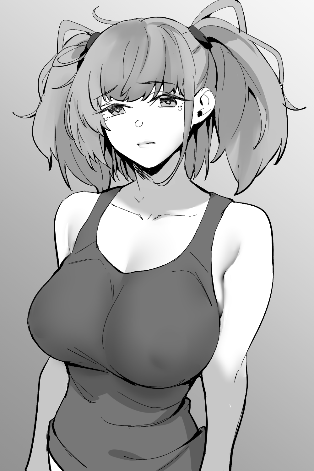 1girl, atlanta_(kancolle), breasts, collarbone, commentary_request, greyscale, highres, kantai_collection, large_breasts, long_hair, looking_at_viewer, monochrome, shingyou_(alexander-13), solo, two_side_up, upper_body
