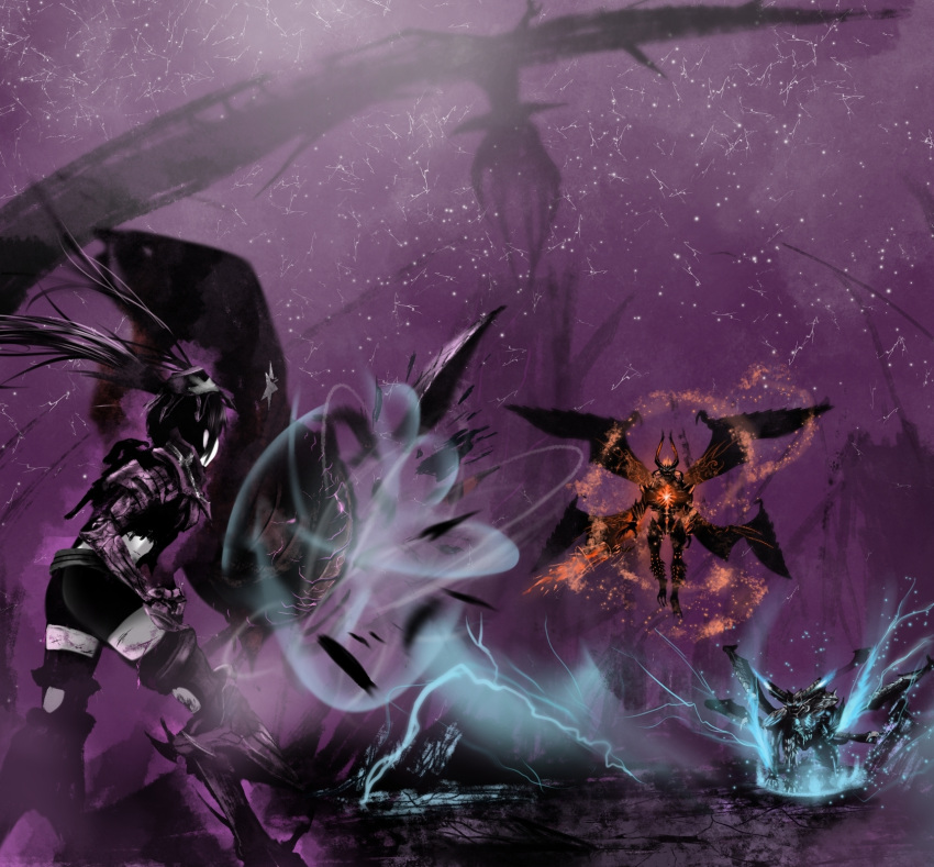 1girl, 2boys, alternate_form, armor, belt, black_hair, black_rock_shooter, black_shorts