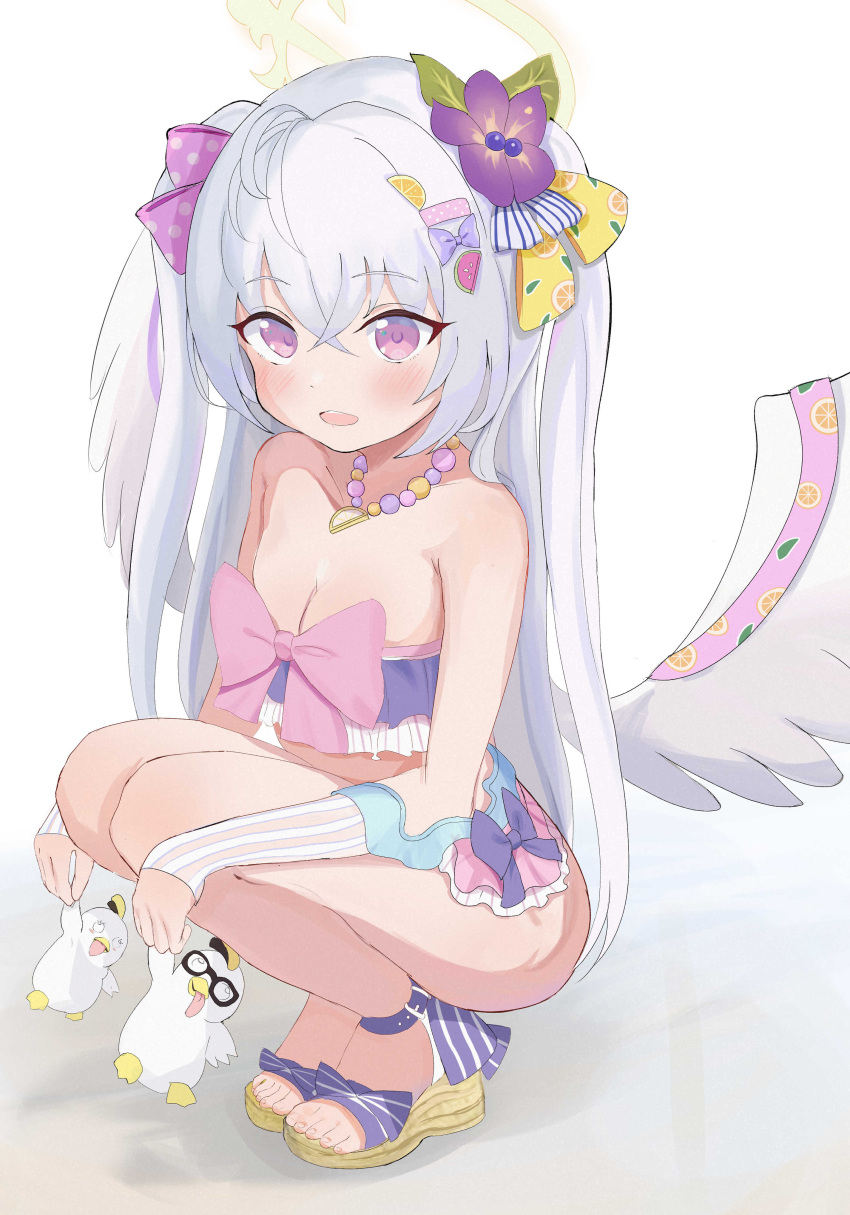 1girl, absurdres, ahoge, azusa_(blue_archive), azusa_(swimsuit)_(blue_archive), bangs, bikini, blue_archive, flower, full_body, glasses, hair_flower, hair_ornament, halo, highres, long_hair, mizumi_kamijo, peroro_(blue_archive), purple_flower, sandals, smile, stuffed_animal, stuffed_toy, swimsuit, thighs, toes, very_long_hair, violet_eyes, wings