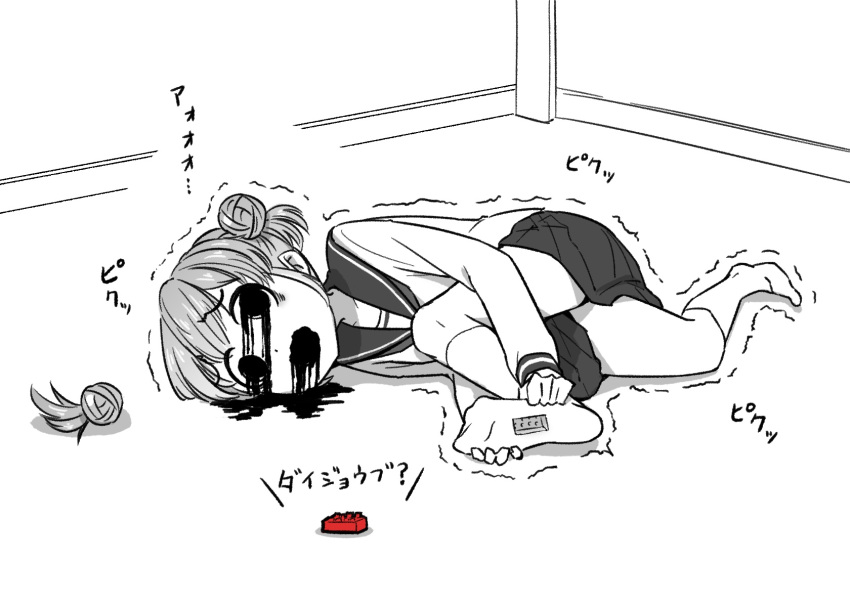 1girl, 4shi, blood, blood_on_face, commentary_request, dango-chan_(4shi), greyscale, hair_bun