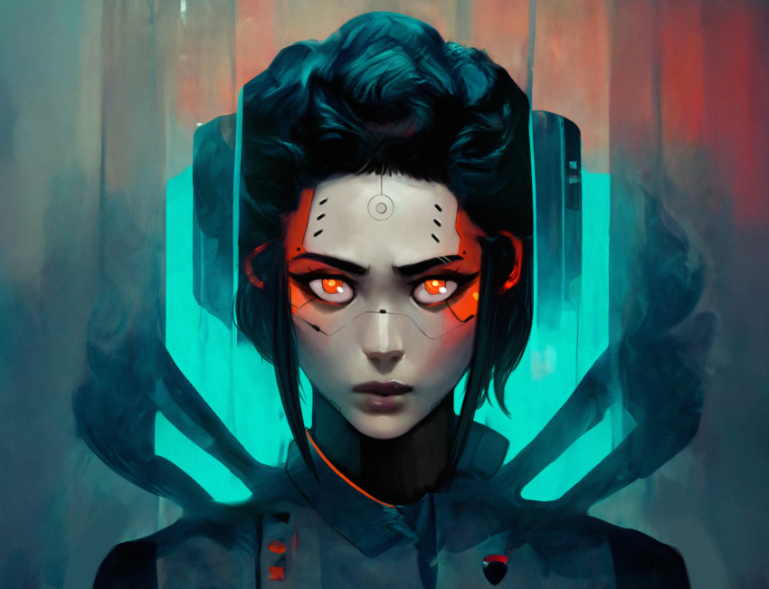 1girl, big_hair, black_hair, curly_hair, cyberpunk, cyborg, english_commentary, forehead, glowing, glowing_eyes, highres, joints, lips, looking_at_viewer, neon_trim, nose, nyuunzi, orange_eyes, original, portrait, revision, robot_joints, short_hair, sidelocks, solo, thick_eyebrows, xenosexual