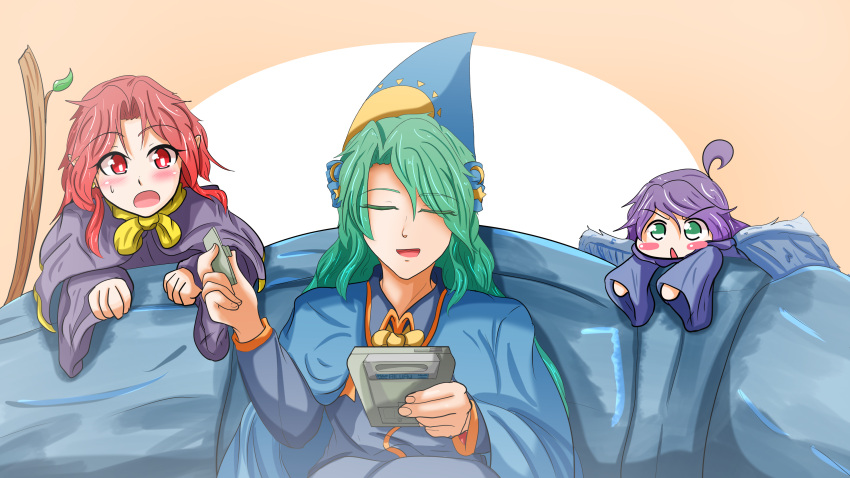 absurdres, angel_wings, blue_eyes, blue_hair, bow, cape, capelet, couch, dress, green_eyes, green_hair, handheld_game_console, hat, highres, kirisame_marisa, kirisame_marisa_(pc-98), long_hair, long_sleeves, matenshi_(touhou), mima_(touhou), multiple_girls, open_mouth, pointy_ears, red_eyes, redhead, ribbon, segen_(segen311), short_hair, story_of_eastern_wonderland, touhou, touhou_(pc-98), wings, wizard_hat