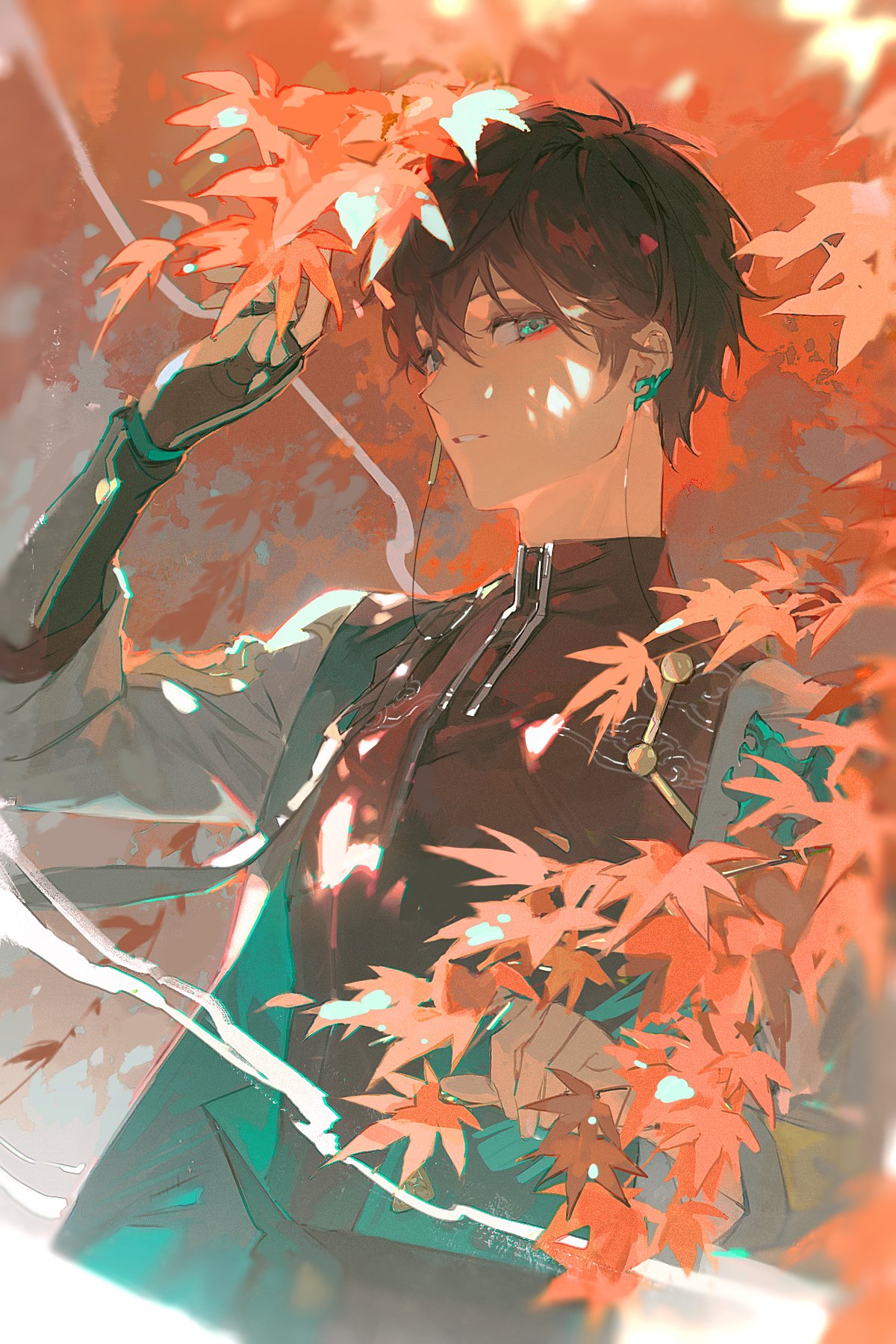 1boy, bangs, black_gloves, black_hair, black_shirt, branch, chinese_clothes, commentary