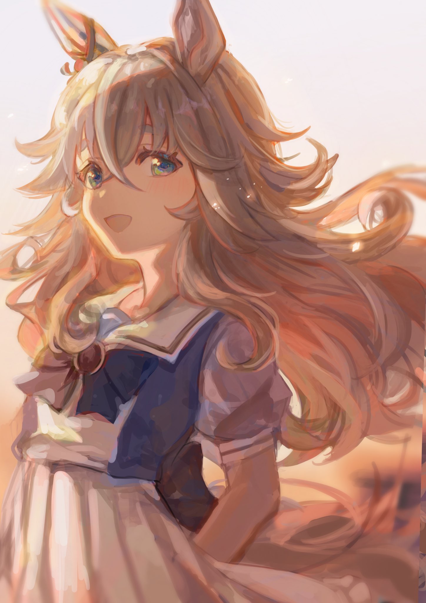 1girl, animal_ears, arms_behind_back, blue_eyes, blue_shirt, blush, bow, bowtie