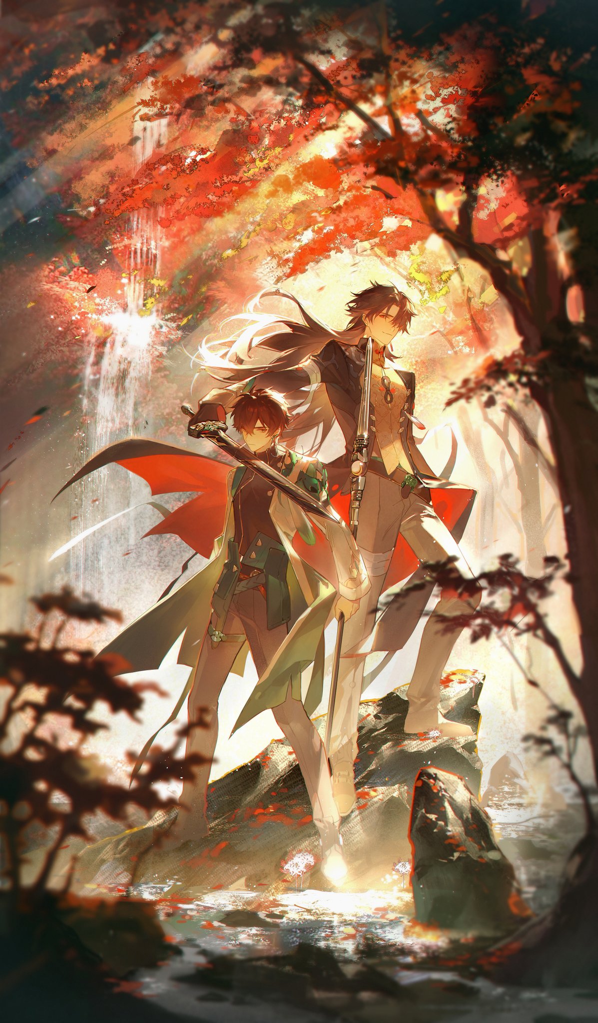 2boys, bangs, black_gloves, black_hair, black_jacket, black_shirt, blade_(honkai:_star_rail), branch, brown_pants, chinese_clothes, closed_mouth, coat, commentary, danheng_(honkai:_star_rail), day, earrings, floating_hair, forest, full_body, gloves, green_eyes, grey_pants, hair_between_eyes, hair_over_one_eye, highres, holding, holding_polearm, holding_sword, holding_weapon, honkai:_star_rail, honkai_(series), jacket, jewelry, long_hair, long_sleeves, looking_at_viewer, male_focus, multiple_boys, nature, one_eye_covered, open_clothes, open_coat, open_jacket, outdoors, pants, parted_bangs, polearm, red_eyes, renjian_shilian, rock, shirt, shoes, short_hair, single_earring, smile, spear, standing, sunlight, sword, tassel, tree, very_long_hair, water, waterfall, weapon, white_coat