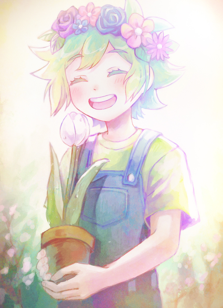 1boy, basil_(omori), blush, closed_eyes, flower, green_hair, green_shirt, head_wreath, highres, mahiru_(mahiru.log), omori, open_mouth, overall_shorts, overalls, plant, potted_plant, shirt, short_hair, short_sleeves, smile, solo, teeth, tulip, upper_teeth