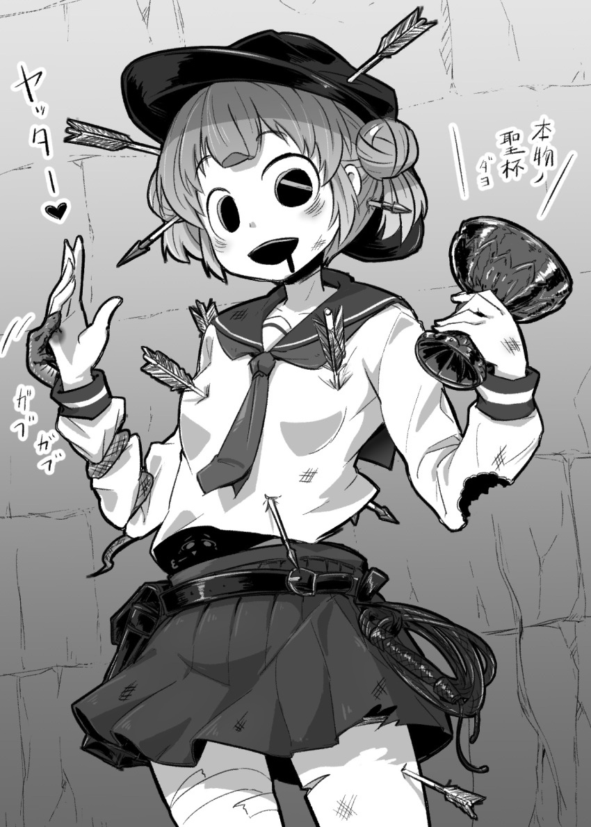 1girl, 4shi, arrow_(projectile), bangs, bitten, blood, blood_on_face, burnt_clothes