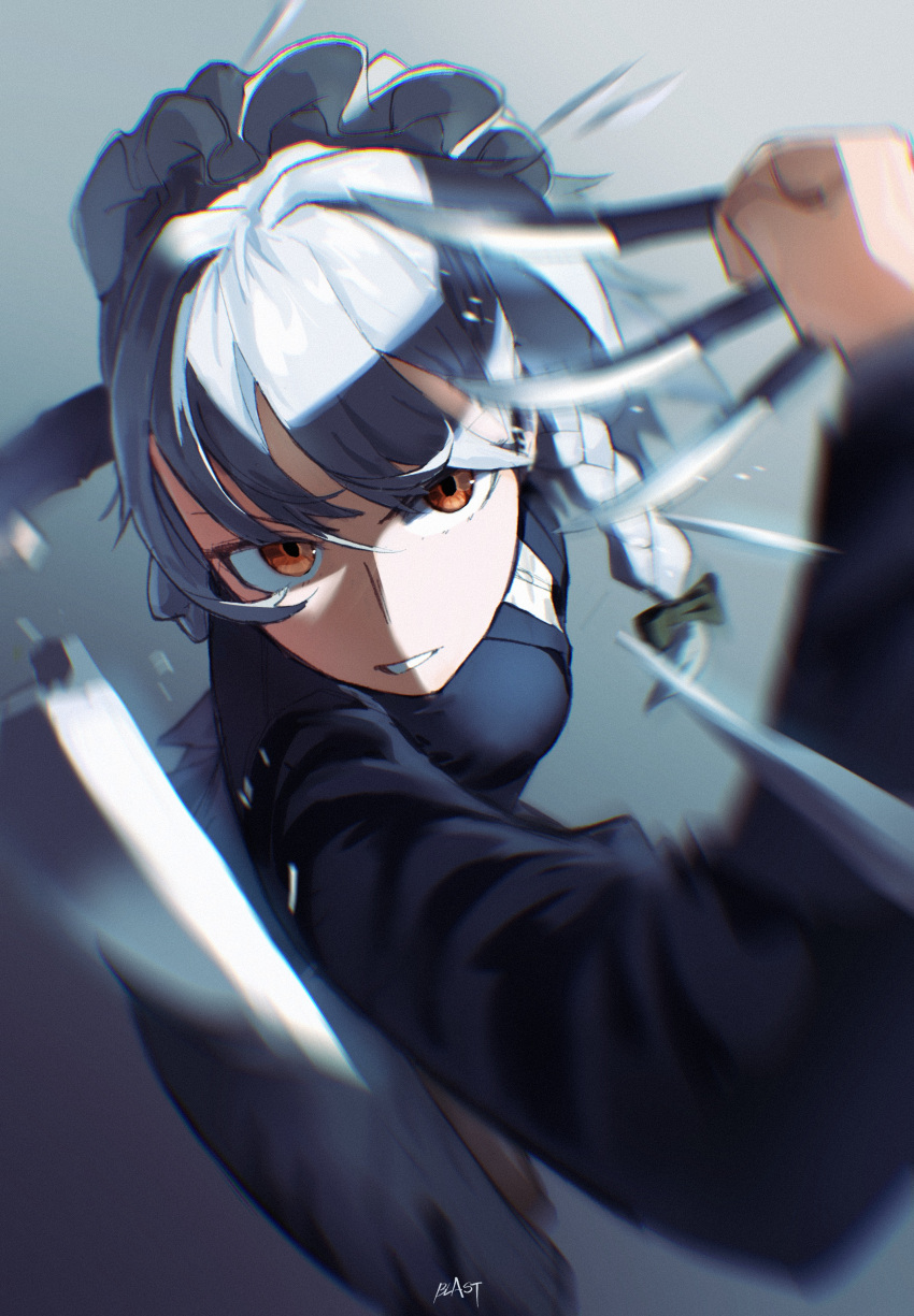 1girl, absurdres, black_bow, black_suit, blast-7, blurry, bow, brown_eyes, brown_footwear, chromatic_aberration, film_grain, formal, grey_hair, hair_between_eyes, hair_bow, highres, holding, holding_knife, holding_weapon, izayoi_sakuya, knife, long_hair, maid_headdress, motion_blur, parted_lips, signature, solo, speed_lines, suit, throwing, throwing_knife, touhou, weapon